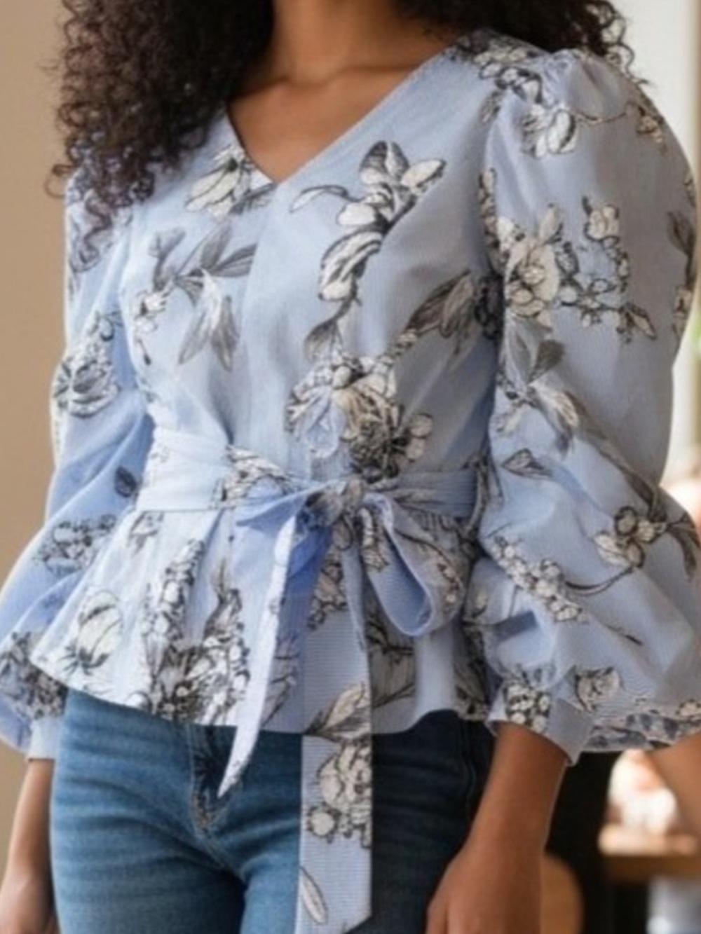 White House Black Market Light Blue Floral Tie-Waist Peplum Blouse